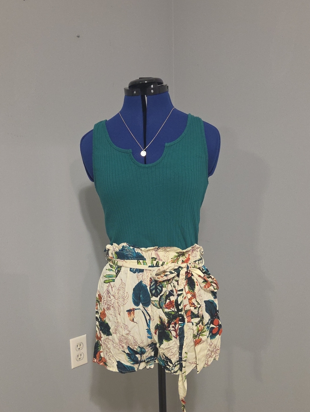 Sleeveless Teal Ribbed Knit Romper with Floral Tie-Waist